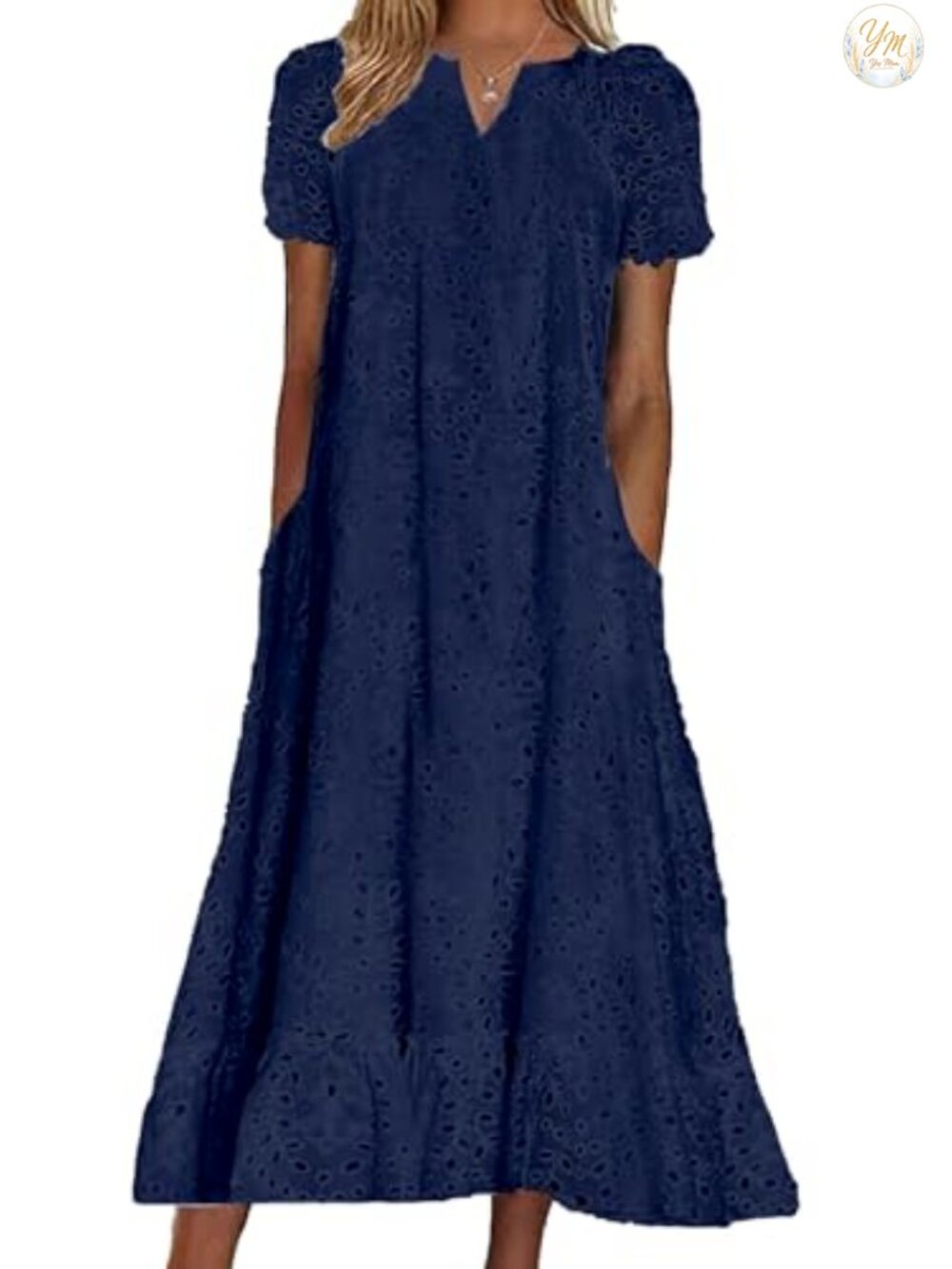 Ruffle Hem Floral Lace Eyelet Midi Tunic Dress with Pockets